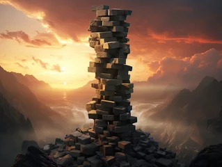 Zelfklevend Fotobehang Giant rock Jenga tower mountain in a rocky landscape with sunset in the background. Generative AI. © Anna