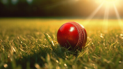 Red Leather Cricket Sport Ball on grass