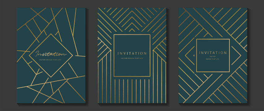 Luxury invitation card background vector. Golden elegant geometric shape, gold lines on green background. Premium design illustration for wedding and vip cover template, banner, poster, gala, wedding.