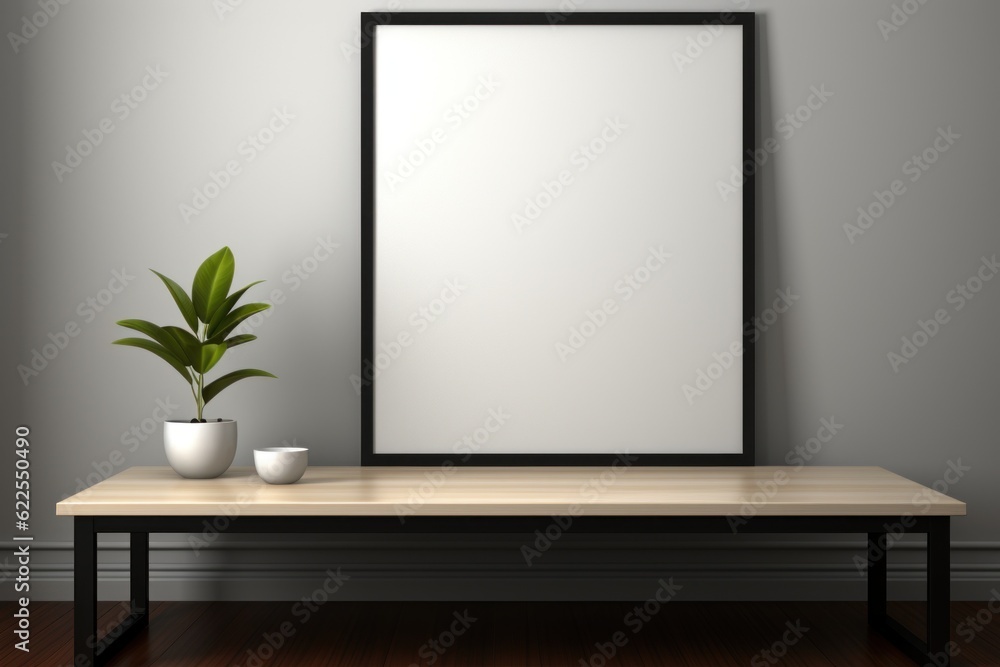 Poster a picture frame sitting on top of a table next to a potted plant. generative ai image.