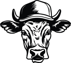 Cow In Baseball Cap Logo Monochrome Design Style