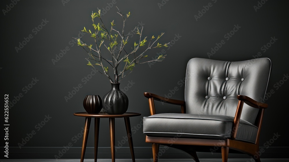 Poster a chair and a table with a vase on it. generative ai image.