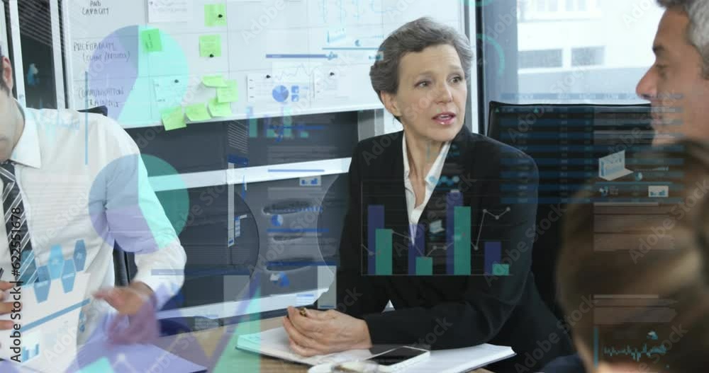 Poster animation of statistical data processing over diverse businesspeople discussing together at office