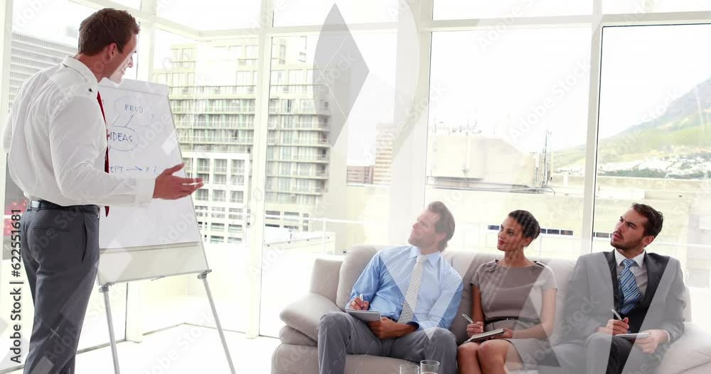 Poster animation of statistical data processing over caucasian businessman giving a presentation at office