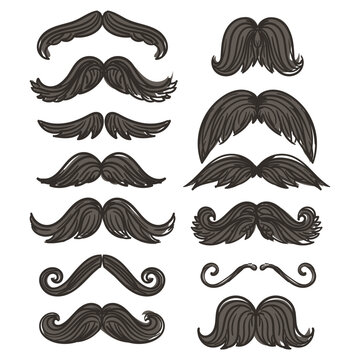A set of graphic icons with a hipster mustache. A large collection of mustaches with spots and linear texture. Vector illustration, elements for toppers for a holiday, a photo shoot. Barbershop