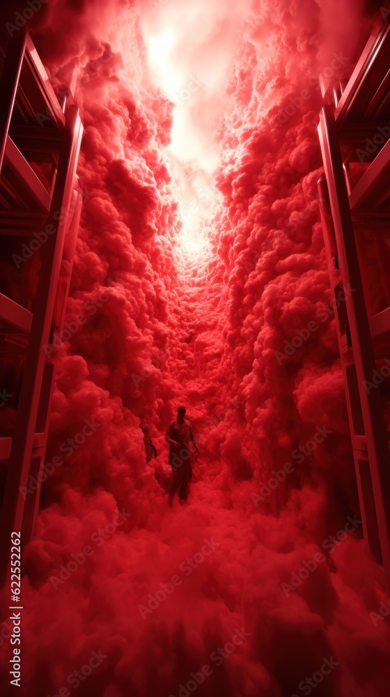 Poster a person standing in a room with a ladder. generative ai image.