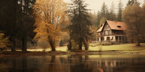Obraz na płótnie Canvas Rustic Charm: Vintage Photography of Bavarian Haus Amidst Autumn Foliage, generative ai