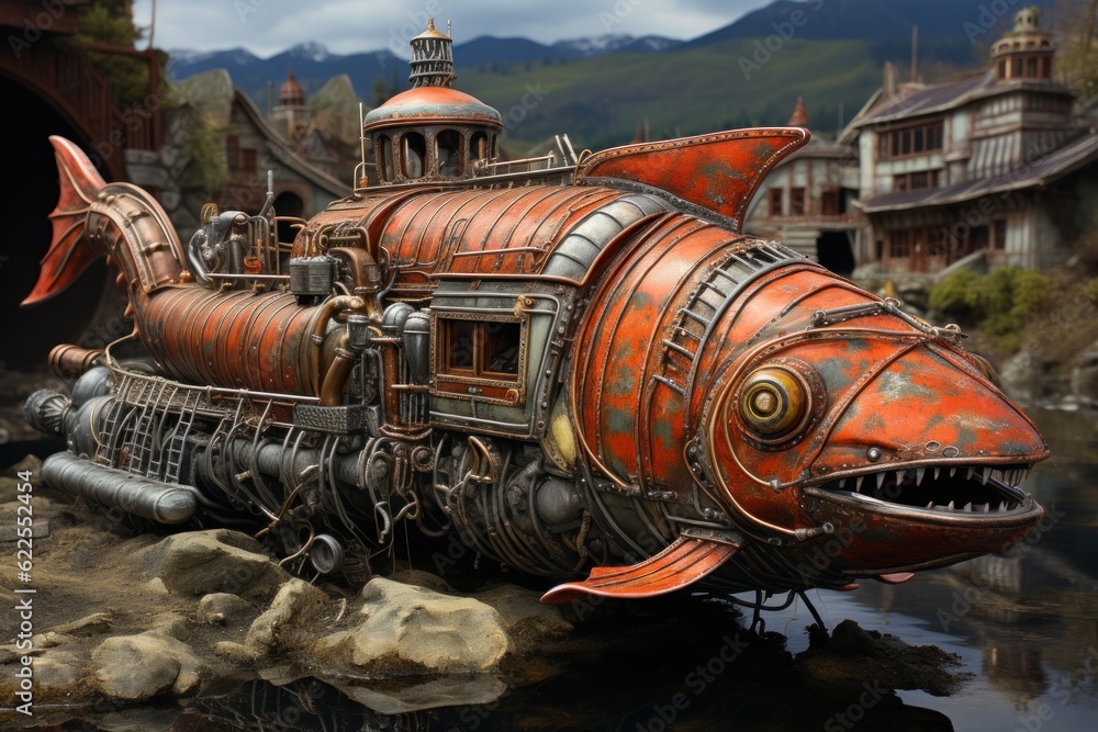 Poster a model of a steam powered fish train. generative ai image.