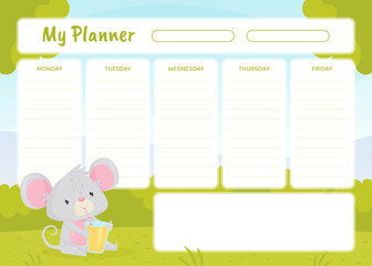 Planner Card with Cute Mouse as Funny Little Animal Vector Template