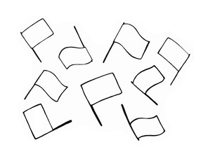 Pattern of flags on a flagpole. Line drawing with a black outline on a white background. Checkmarks are straight or wavy. Chaotically located.