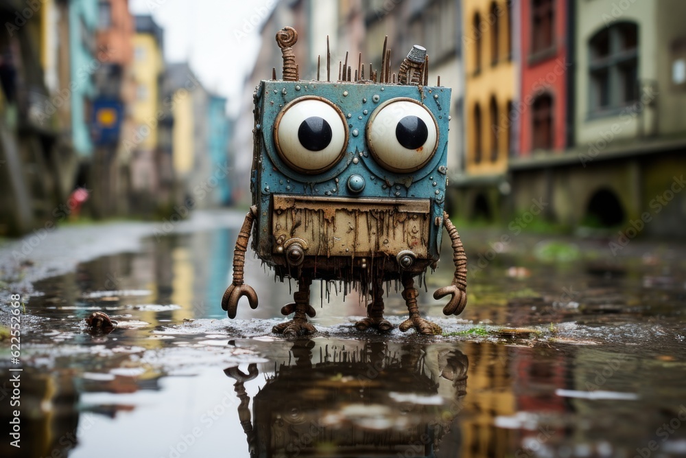 Aufkleber a toy robot standing in a puddle of water. generative ai image.