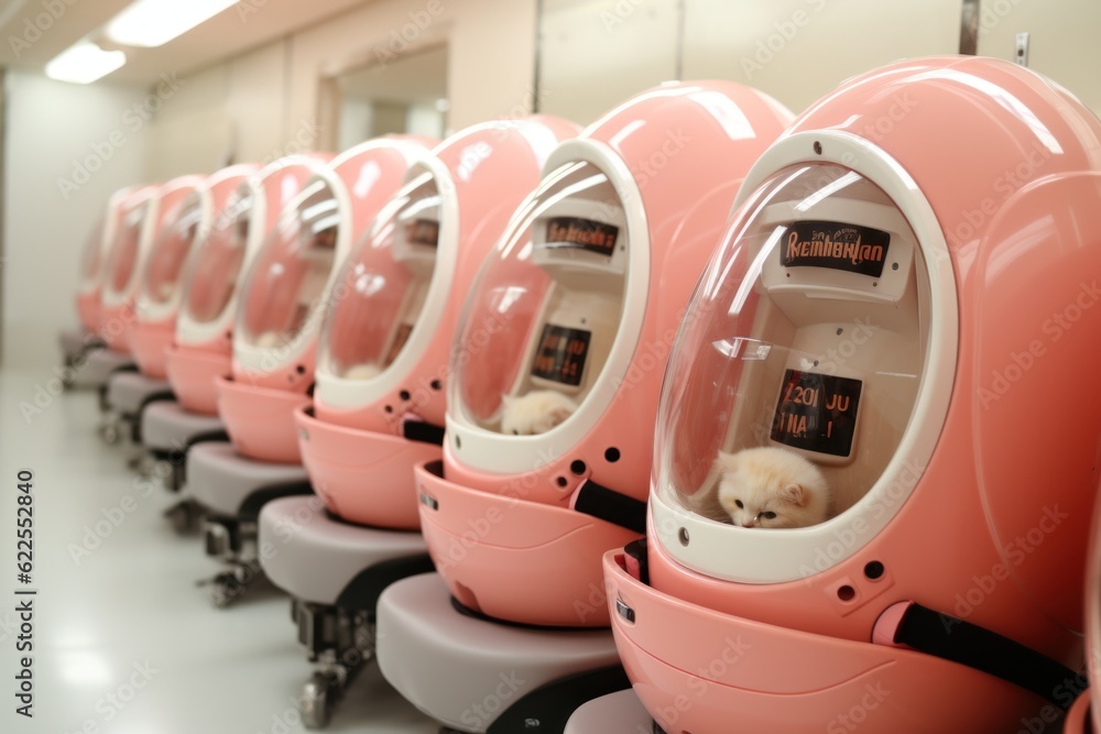 Poster a row of pink robots with a teddy bear in them. generative ai image.