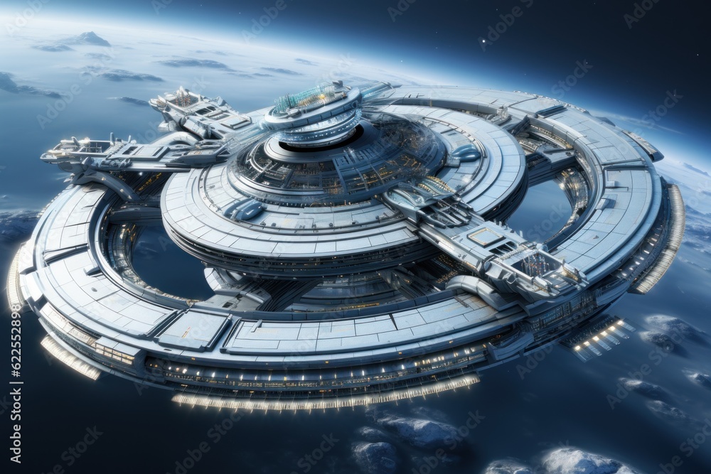 Poster a futuristic space station floating in the sky. generative ai image.