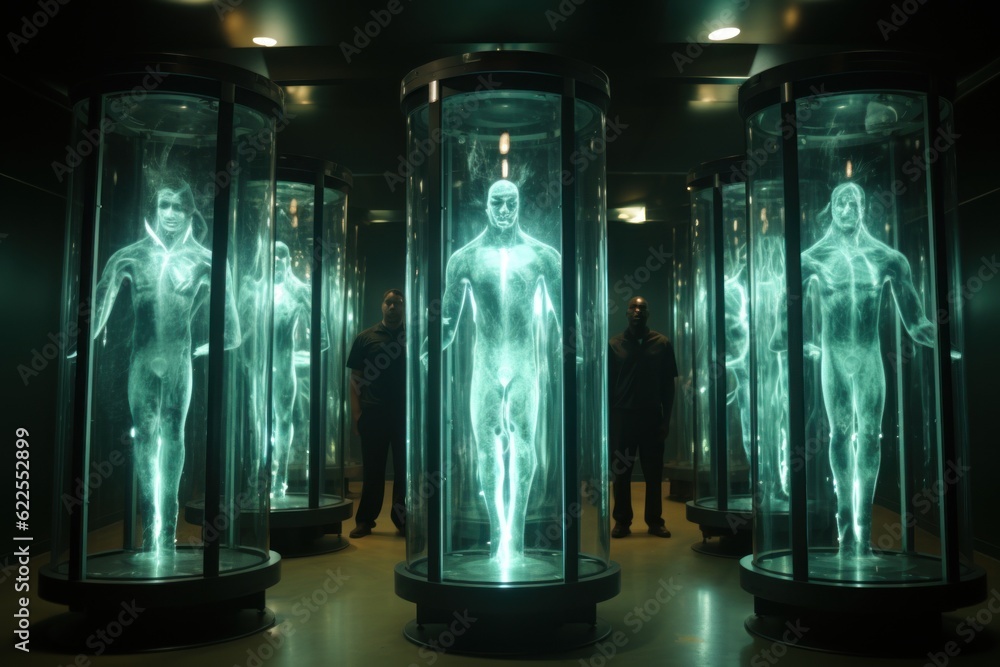 Poster a group of people standing in front of a display case. generative ai image.