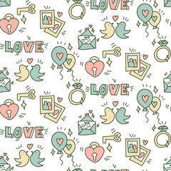Wedding background. Seamless pattern with wedding elements to determine the arrival time of guests. Wedding symbols. Handmade cartoon wedding symbols, love, proposal. Contour icons with fill Packaging