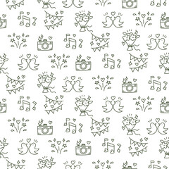 Wedding background. Seamless pattern with wedding elements to determine the arrival time of guests. Wedding symbols. Cartoon contour handmade wedding symbols on a white. Contour icons. Print