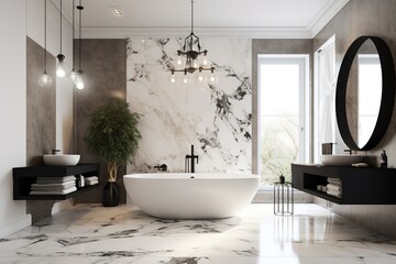Fototapeta na wymiar Spacious bathroom in gray tones with heated floors .Generative AI