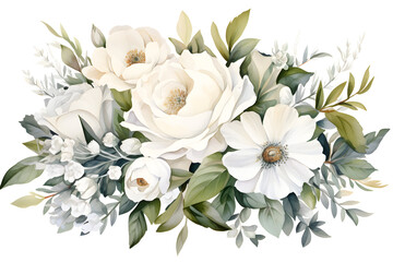 watercolour bouquet of white flowers on white background for wedding stationary invitations, greetings, wallpapers, fashion, prints