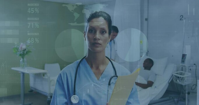 Animation of infographic interface, smiling biracial female doctor with notepad standing in hospital