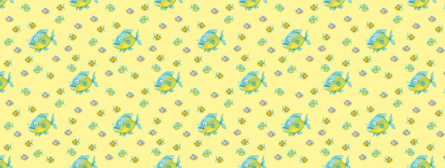pattern. Set with fish. Sea and river fish. Horizontal image. Banner for insertion into site.