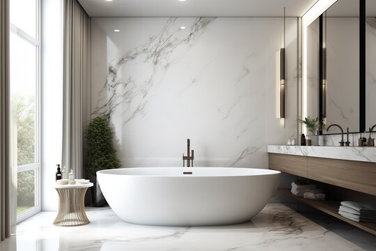 Spacious bathroom in gray tones with heated floors .Generative AI
