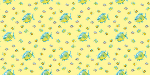 pattern. Set with fish. Sea and river fish. Horizontal image. Banner for insertion into site.