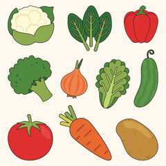 Set of Fresh Vegetable Simple Flat Line Illustration
