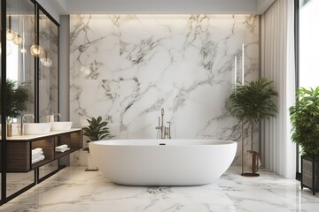 Fototapeta na wymiar Spacious bathroom in gray tones with heated floors .Generative AI