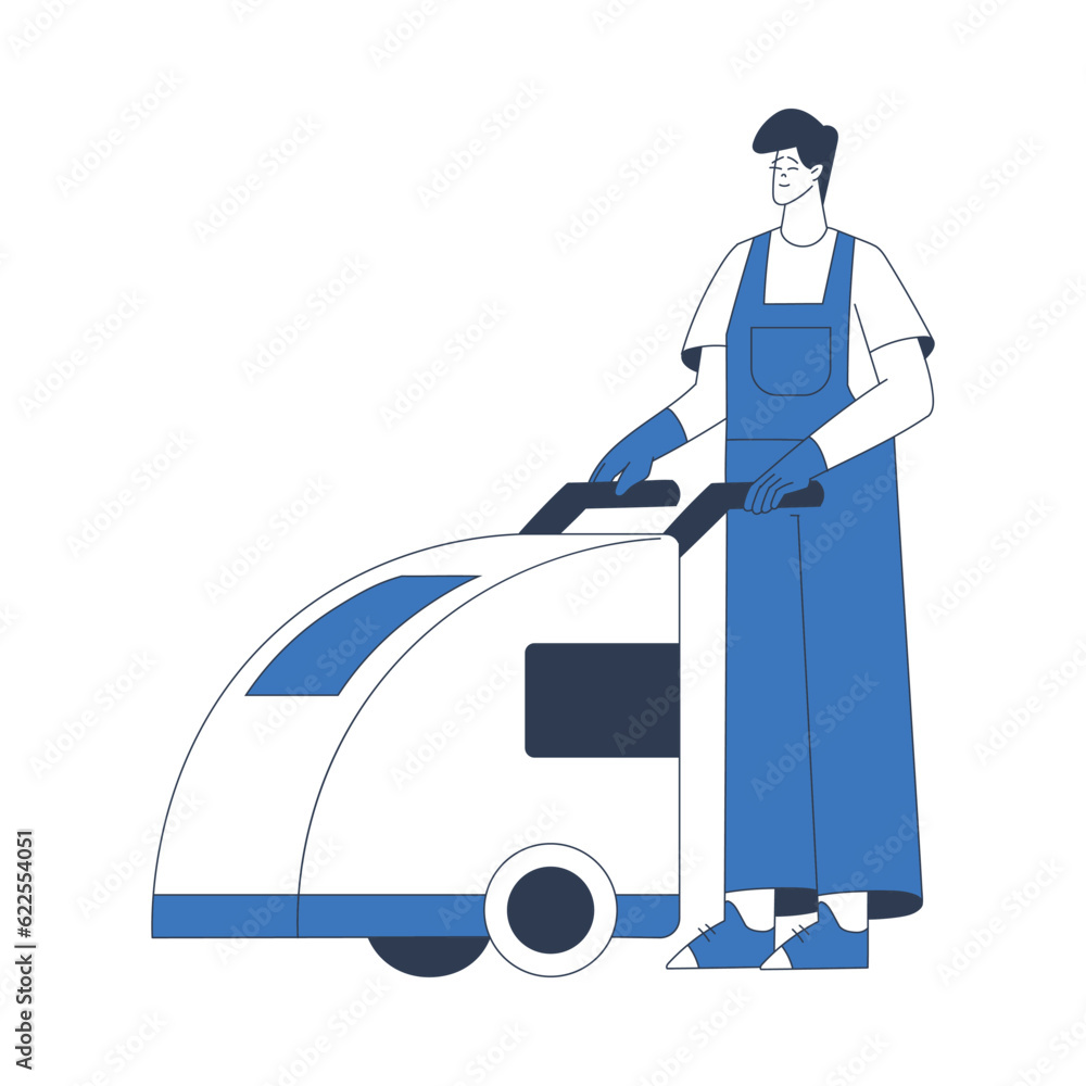 Poster cleaning service with professional man worker character with floor scrubbing machine vector illustra