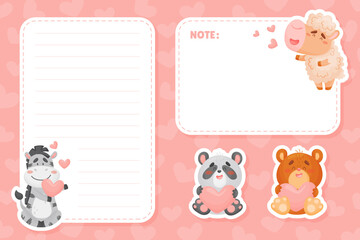 Empty Note Card with Funny Cartoon Animal with Heart Feel Love Vector Template