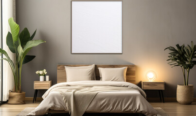 Bold and Elegant: Minimalist Poster Frame Perfectly Frames Beige Bedroom Decor, Complete with Wood Headboard, Pillows, and Plants