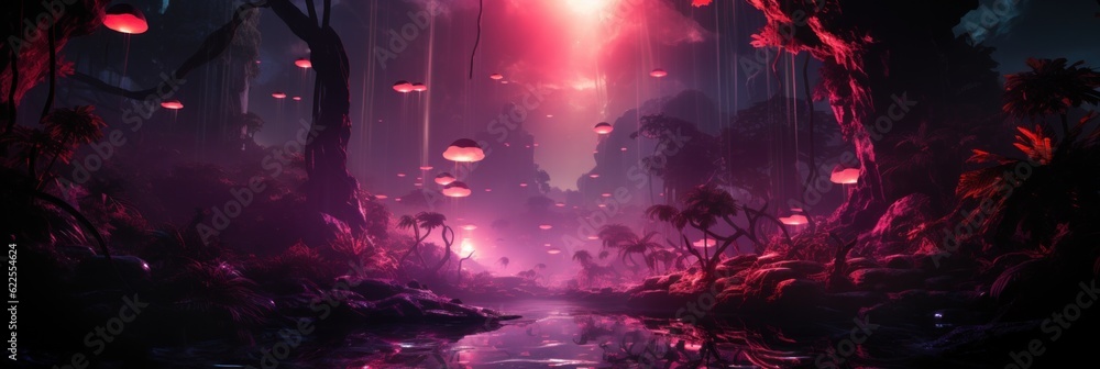 Poster a dark forest filled with lots of red lights. generative ai image.