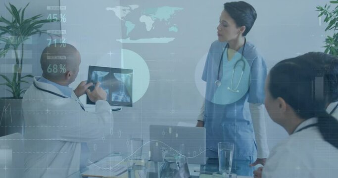 Animation of infographic interface, graphs over diverse doctors discussing patient x-ray in hospital