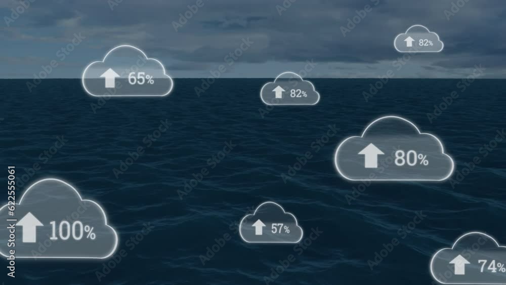 Poster animation of up arrows and changing numbers in clouds over sea against cloudy sky