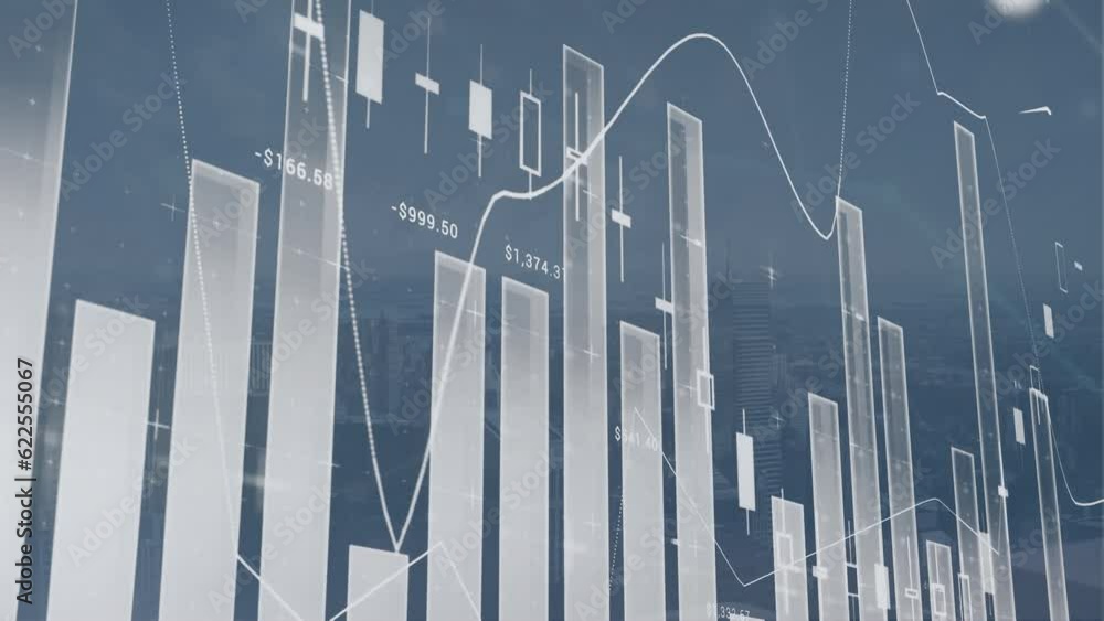 Aufkleber animation of multiple graphs with changing numbers over modern cityscape in background