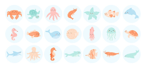 Cute sea animals big collection. Aquatic characters icon set in circle bubbles. Under the sea clipart, cartoon ocean babies. Vector illustration, kawaii stickers for kids designs.
