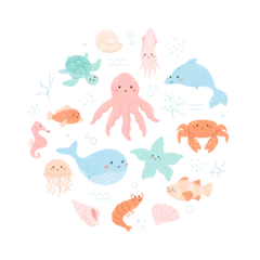 Fototapete Meeresleben Cute marine animals in circle arrangement. Under the sea world, aquatic characters with pretty manga face. Octopus, whale, crab, funny shrimp, squid and many water creatures. Vector illustration