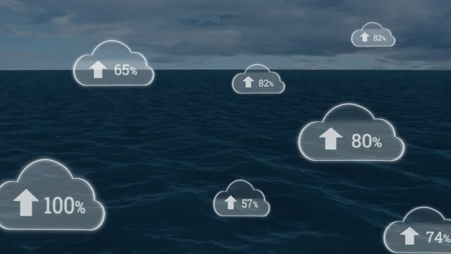 Animation of up arrows and changing numbers in clouds over sea against cloudy sky