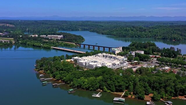 Clemson, SC. University Square Shopping Center. Lake Hartwell. Aerial shot of a lake and wooded areas crossed by a bridge