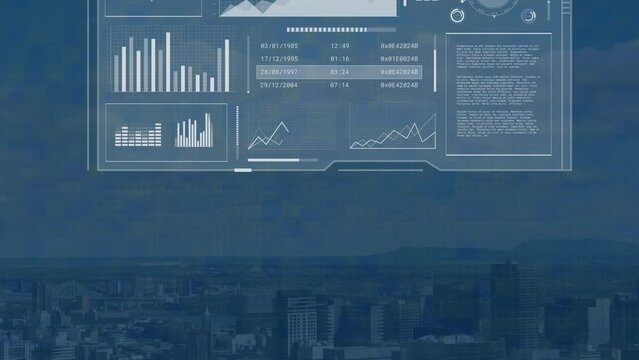 Animation of globes, graphs, loading bars and circles over modern city against cloudy sky