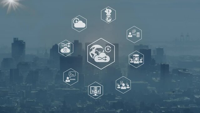 Animation of computer icon in hexagons over lens flares and modern cityscape against sky