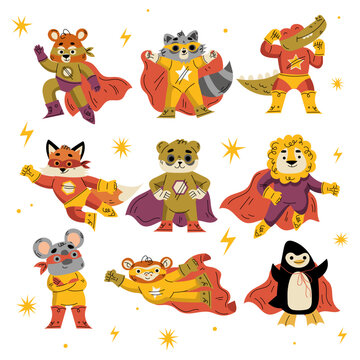 Animal Characters Superhero Dressed in Mask and Cape or Cloak Vector Set