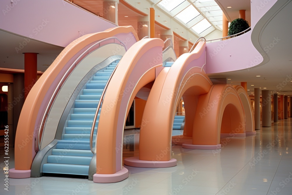Poster an escalator and some stairs in a building. generative ai image.