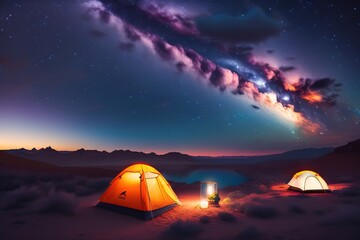 Fototapeta na wymiar Camping in the mountains under the stars ⏤ A tent pitched up and glowing under the milky way 