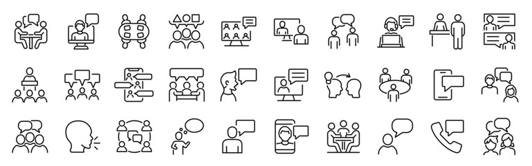 Set of outline icons related conversation, chat, talking, speaking. Linear icon collection. Editable stroke. Vector illustration