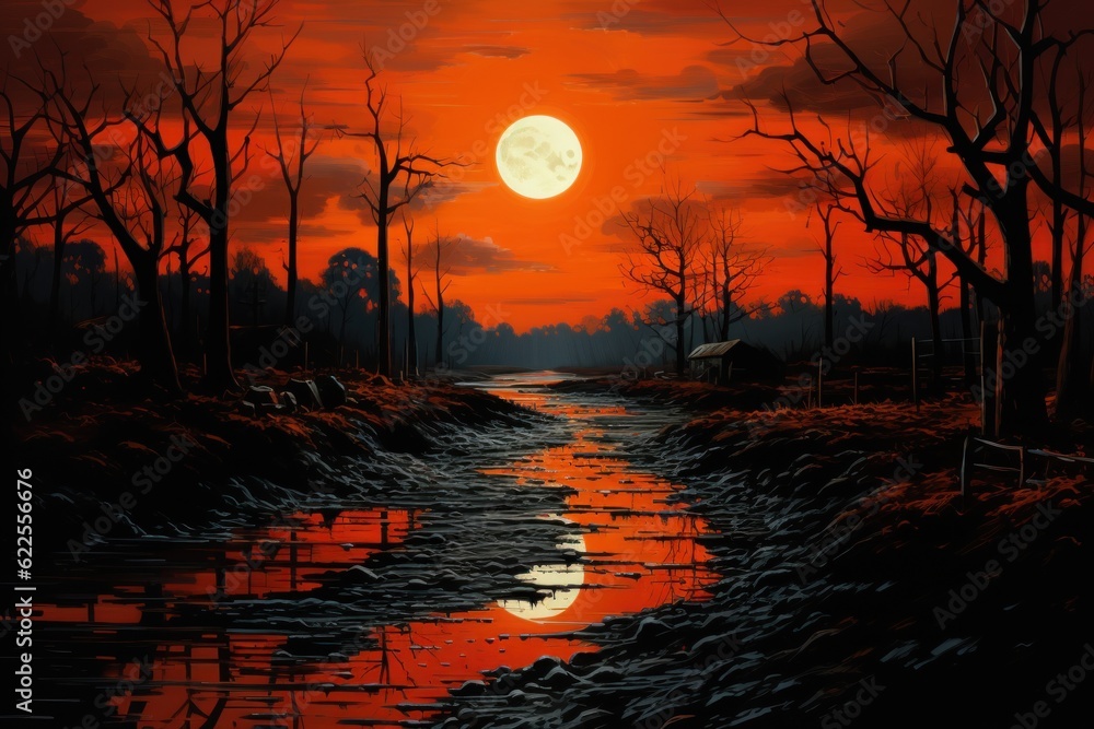 Poster a painting of a river in the middle of a forest. generative ai image.