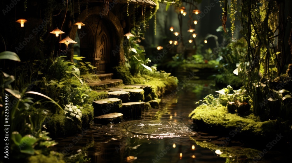Aufkleber a small stream running through a lush green forest. generative ai image.