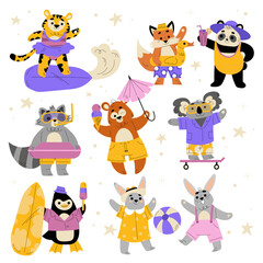 Funny Animals Tourist Enjoying Summer Beach Vacation Vector Set
