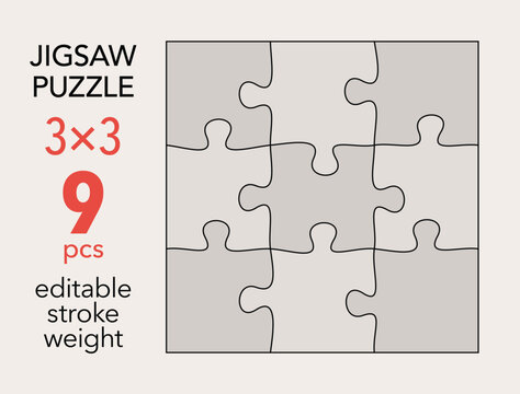 Empty jigsaw puzzle grid template, 3x3 shapes, 9 pieces. Separate matching puzzle elements. Flat vector illustration layout, every piece is a single shape.