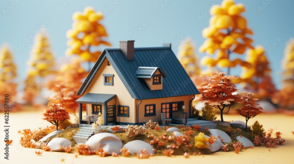 Poster a small model of a house in the middle of a field. generative ai image.